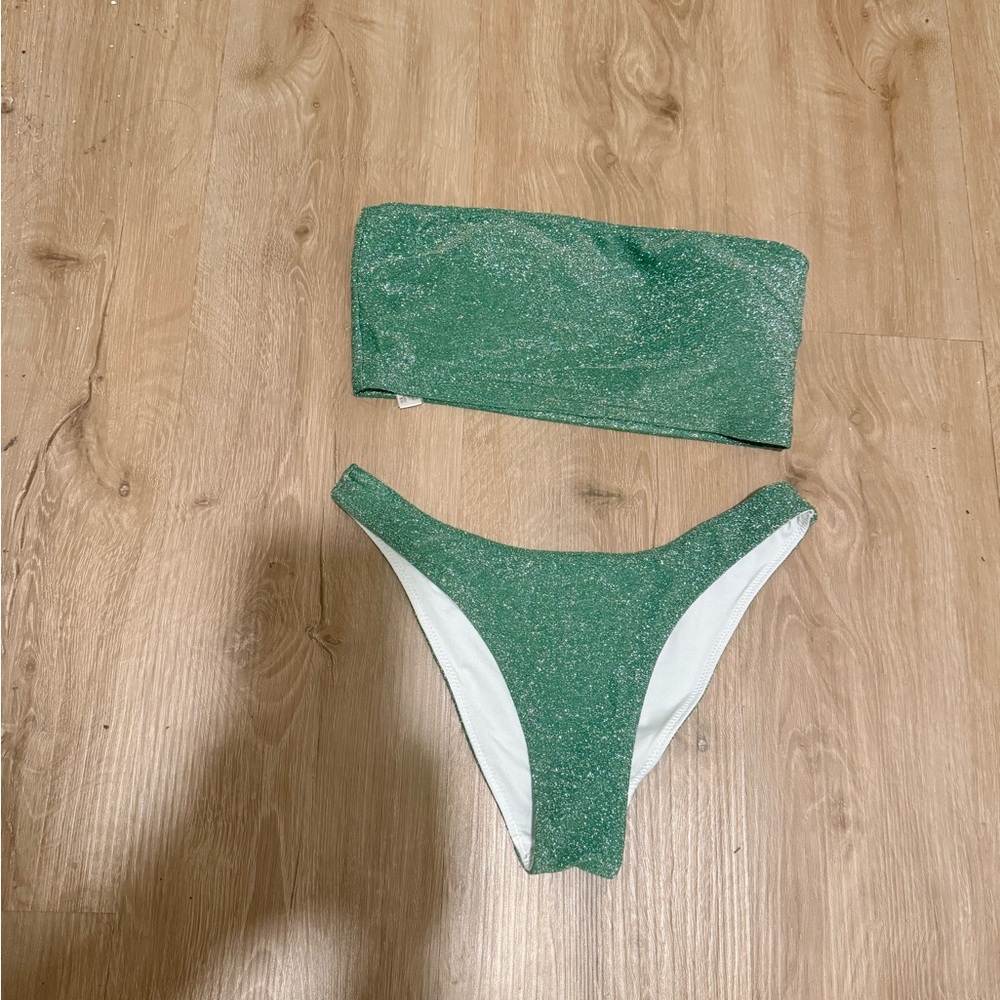 PINK Victoria's Secret Sparkle Green Bandeau Bikini Set
